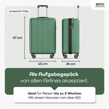 Чемодан великий 100L з TSA замком, жорсткий корпус, подвійні колеса, 67см, зелений