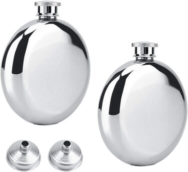 Набір з 2 флаконів для алкоголю з нержавіючої сталі, 177 мл, для віскі, коньяку, кемпінгу, подорожей, барів та вечірок (сріблястий)