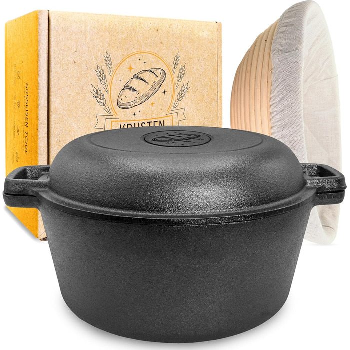 KRUSTENZAUBER 26cm Cast Iron Pot for Bread Baking incl. Proofing Basket - Robust Bread Baking Mold with Lid - Ideal Bread Pot, Bread Baking Pot, Bread Baking Set Cast Iron Pot for Baking Bread, Bread Baking Accessories, Bread Form 4.7l