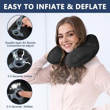 Надувна подушка для шиї Flintronic, ергономічна підголовник з велюровим чохлом, для подорожей та кемпінгу (темно-сірий)