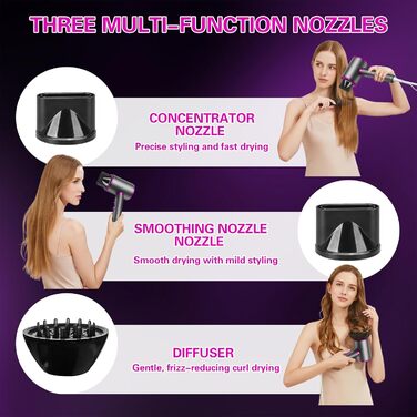 Іонізатор для волосся 2400W з кнопками холодного/гарячого повітря, 3 швидкості, 2 насадки (концентратор + дифузор), тихий фен для дому та подорожей