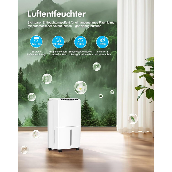 Електричний осушувач повітря 12л, тихий осушувач для дому з функцією сушіння білизни, Smart-режим, автоматичне регулювання вологості, 1м шланг, 24H таймер, для квартири до 120 м², гарантія 10 років