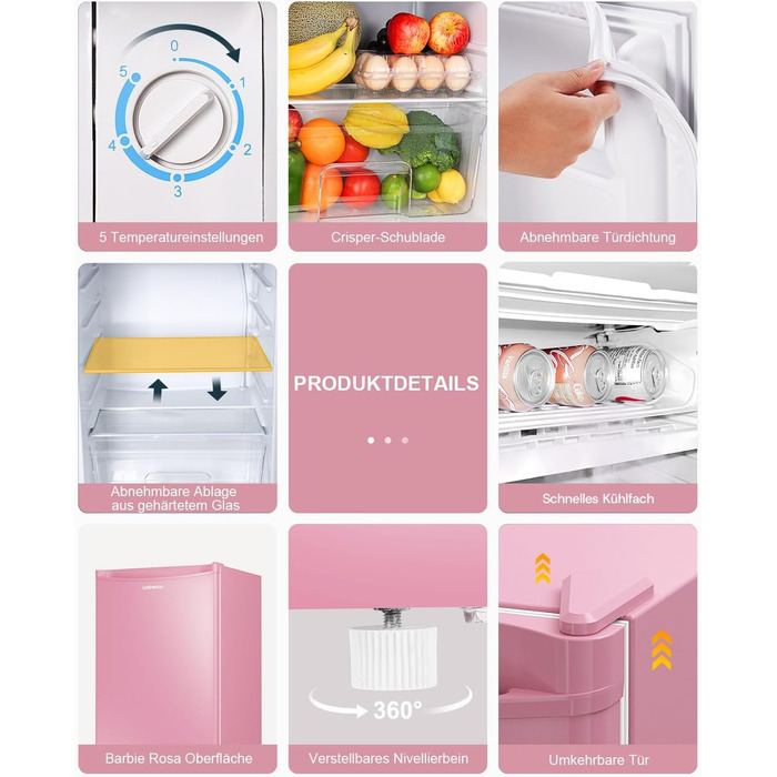 Холодильник Upstreman 91L BR321-Rosa з функцією швидкого охолодження, 5 температурних режимів (1-8°C), енергоефективний, 41 дБ, компактний, для студентів/офісу