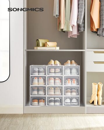 SONGMICS Shoe Boxes, 12-Piece Set, Plastic Shoe Organizer, Foldable and Stackable, for Shoes up to Size 44, Transparent-White LSP12SWT