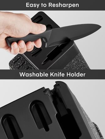 FOHERE 13-Piece Stainless Steel Knife Set with Block & Sharpener - Ergonomic Black Granite Handles