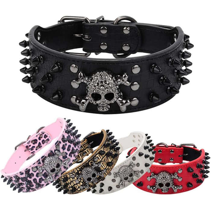 Нашийник для собак ETOPARS з черепом та шипами, з регулюванням, з крокодилової шкіри, золотий (M)
