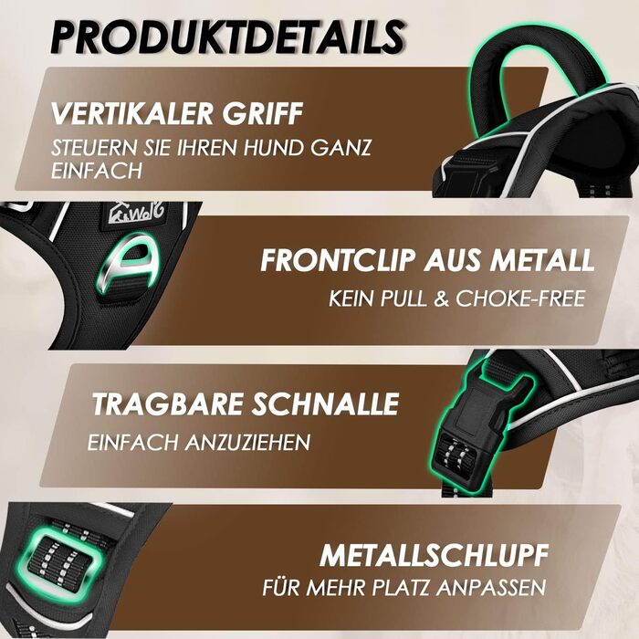 Шлейка для собак великих порід, анти-тяга, з 2 карабінами та зручною ручкою, регульована та світловідбиваюча, з м'якою підкладкою, для щоденних тренувань (Чорний, L) Розмір L (Окружність шиї: 42-60 см, Окружність грудей: 47-86 см) Чорний