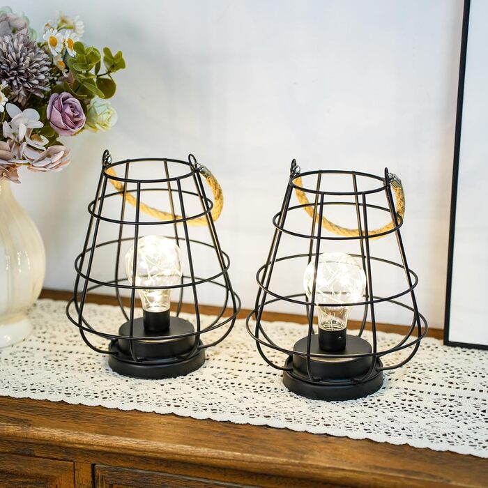 JHY DESIGN Набір з 2 декоративних настільних ламп-ліхтариків у стилі ретро, 22 см, на батарейках, LED Едісон, чорний колір