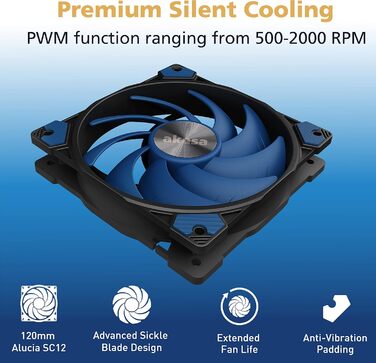 Кулер для процесора Akasa Alucia H4 Plus (LGA1700 Edition) з 120мм вентилятором, 4 теплові трубки, 185W TDP, для Intel LGA 2066, 2011, 1151, 1155, 1150, 1200, AMD AM4 AM5 Ryzen