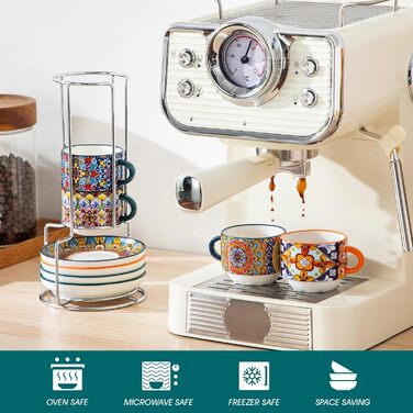 Набір чашок для еспресо Vancasso 4 шт., 150 мл SIMI, з підставками та стійкою, керамічні, для капучіно, еспресо, лате