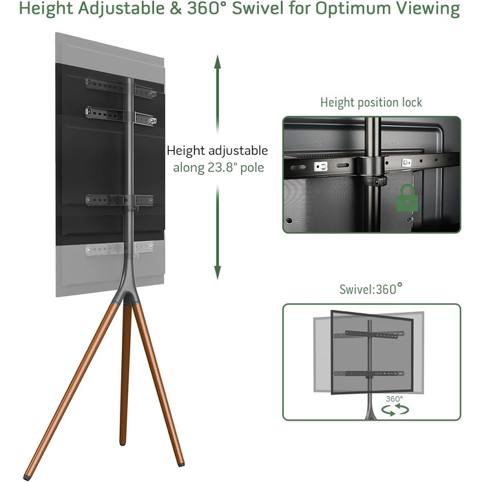 Підставка для телевізора на штативі, 114.3–165.1 см (45–65 дюймів), LED/LCD/OLED, поворотна, чорна