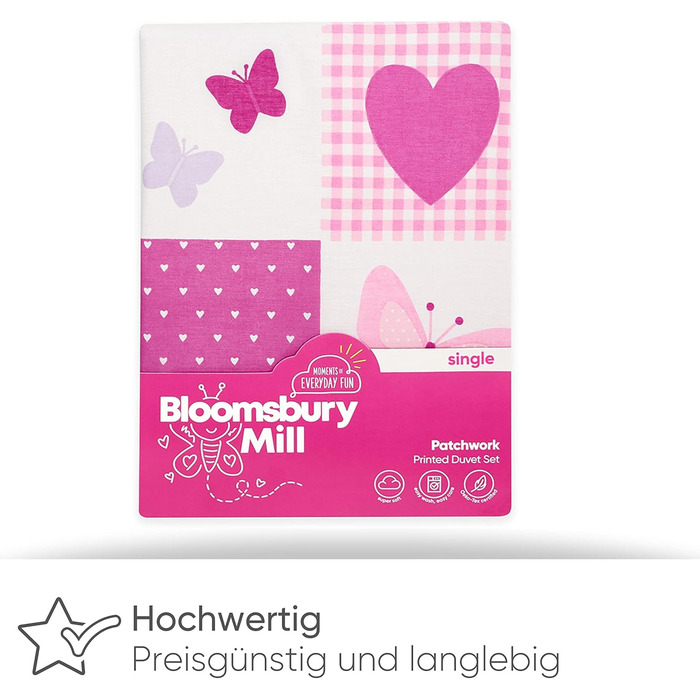 Дитяча постільна білизна Bloomsbury Mill 135x200 - комплект для дівчинки з принцесами та веселкою (рожево-ліловий, Patchwork)