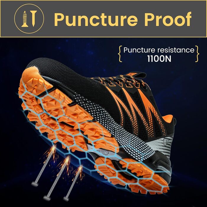 Робочі черевики Nasogetch для чоловіків та жінок. Безпекові черевики з металевим носком, спортивного стилю, з антиковзким покриттям, дихаючі, розміри 36-48 (38 EU), помаранчеві