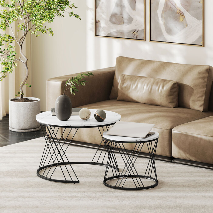 HOMCOM Set of 2 Round Coffee Tables with Marble Look - White