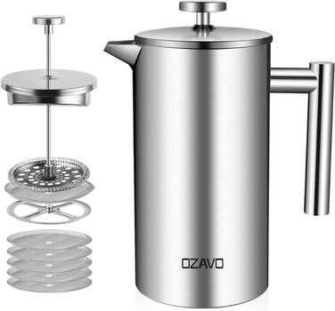 1L Coffee Maker French Press Stainless Steel Thermo with 5 Stainless Steel Filters Double-Walled Insulated System with Two-Layer Construction 1000ML