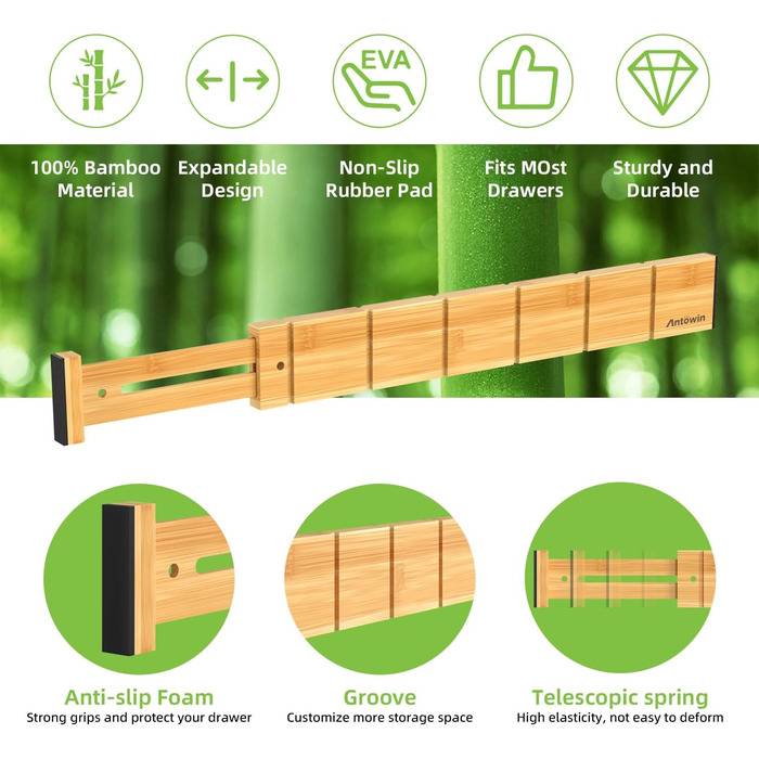ANTOWIN 4 Pack Expandable Drawer Dividers, 5.7CM, extends from 43CM to 56CM, Drawer Organizers for Kitchen, Bedroom, Office, Bathroom (Natural)