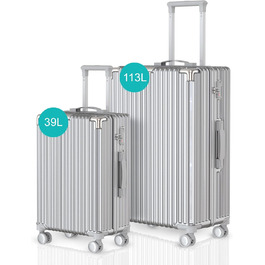 Набір валіз Voyagoux 3 в 1: 39L, 71L, 113L, з жорстким корпусом, TSA-замком, ABS, 4 колеса 360°, сріблястий колір