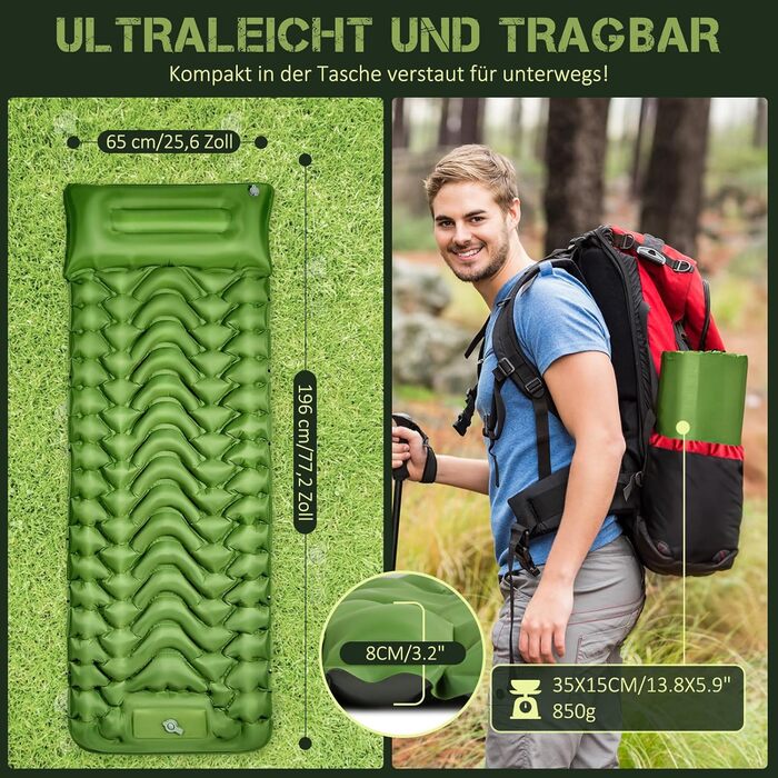 Clefivie Self-Inflating Camping Pad - Portable & Durable Air Mattress for Camping, Hiking, Indoor & Outdoor Use (196x65x9cm)