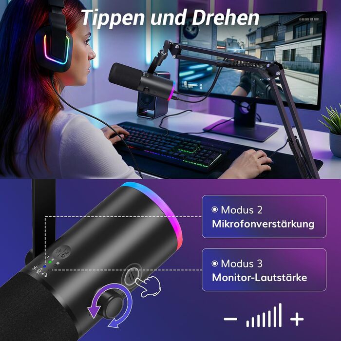 Професійний USB/XLR мікрофон TONOR TD510 AIR S+H для стрімінгу та подкастів з AI шумозаглушенням, RGB підсвіткою, кріпленням-пантографом, чорний