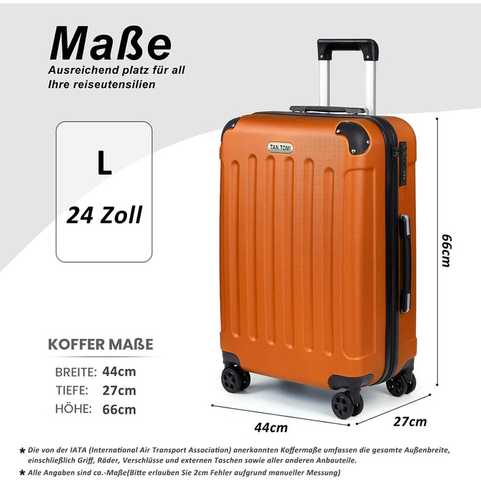 Чемодан ручної поклажі TANTOI, валіза на колесах, жорсткий корпус, кодовий замок, телескопічна ручка, валіза для подорожей та ділових поїздок (світло-оранжевий, L)