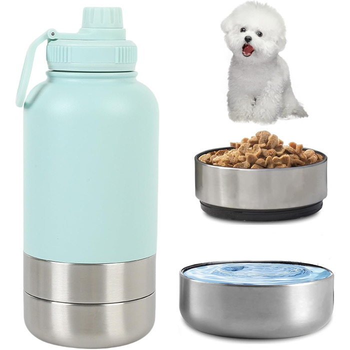 Термофляга для собак 950 мл 3-в-1 з мискою та водопоєм, з нержавіючої сталі, для подорожей та активного відпочинку (Блакитний, L)