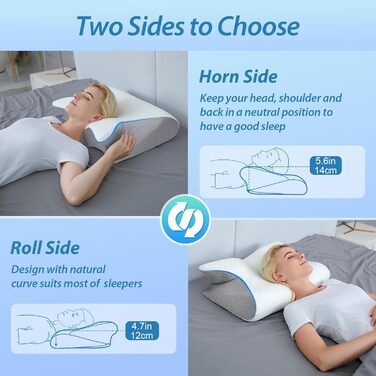 Ортопедична подушка HOMCA 2 в 1 з Memory Foam для сну на спині, боці та животі, 60x40x12/14 см, сіра