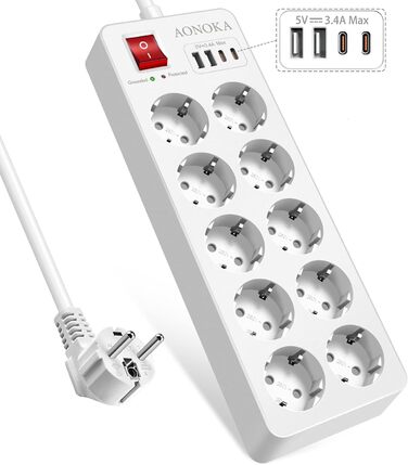 Мережевий фільтр 8 розеток з USB C, захист від перенапруги, адаптер з 2*USB A та 2*USB C, мережевий роз'єм для стіни з подвійним вимикачем, кабель 1.5м чорний (білий)