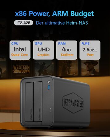 TERRAMASTER F2-425: 2-Bay NAS з Intel x86 Quad-Core CPU, 4 GB RAM, 2.5 GbE LAN - Мережевий сховище для дому (без жорсткого диску)