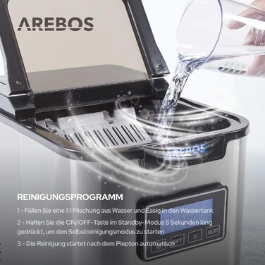Машина для приготування льоду Arebos | 12 кг/24 год | Швидке виробництво (10-15 хв) | 3 розміри кубиків | 2.2 л резервуар | Таймер, LCD дисплей, самоочищення