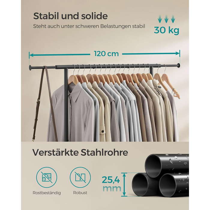 SONGMICS Clothes Rack with Wheels, Extendable Clothes Rod, Garment Rack made of Steel Pipes, Elevated Storage Rod, 40 x (83-120) x 156 cm, Cloud White HSR134W01 (Ink Black)