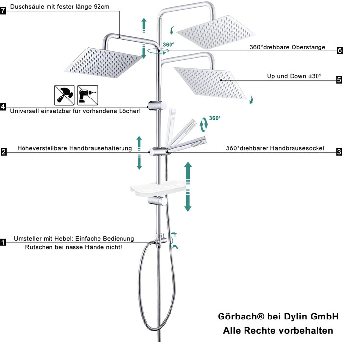 Görbach Rain Shower System with Shelf, Shower Set without Shower Faucet, Chrome (20x20cm)