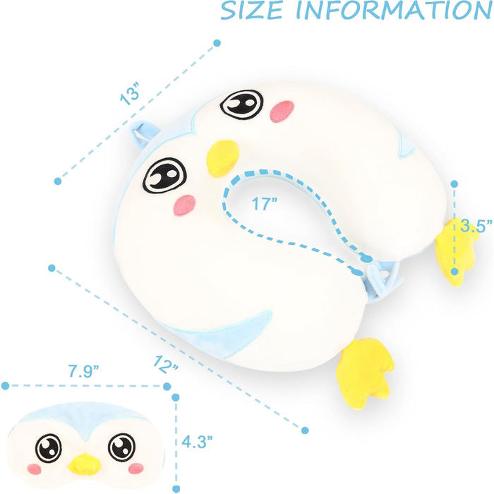 Дитяча подушка для подорожей з маскою для сну, м'яка подушка для шиї з Memory Foam, для дітей, хлопчиків та дівчаток, підлітків, аксесуари для подорожей, подушка для шиї (Пінгвін)