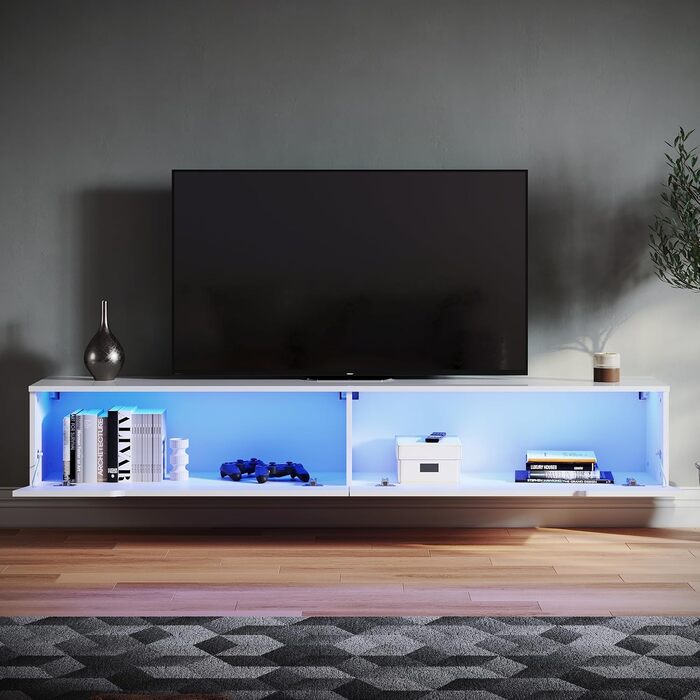 Підвісна ТВ тумба SONNI 180x35x30 см, білий глянець, з LED-підсвіткою 12 кольорів, без ручок, сучасний телевізійний стіл