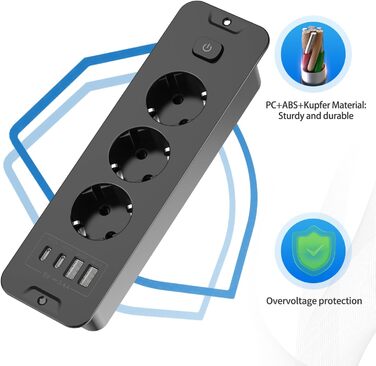 Мережевий фільтр 5 розеток з індивідуальним вимикачем, з 2 USB-A та 2 USB-C, розгалужувач розеток 5 розеток зі switch, мережевий фільтр настінний з 2м кабелем, PD 20W - (3 розетки 4 USB, Чорний)