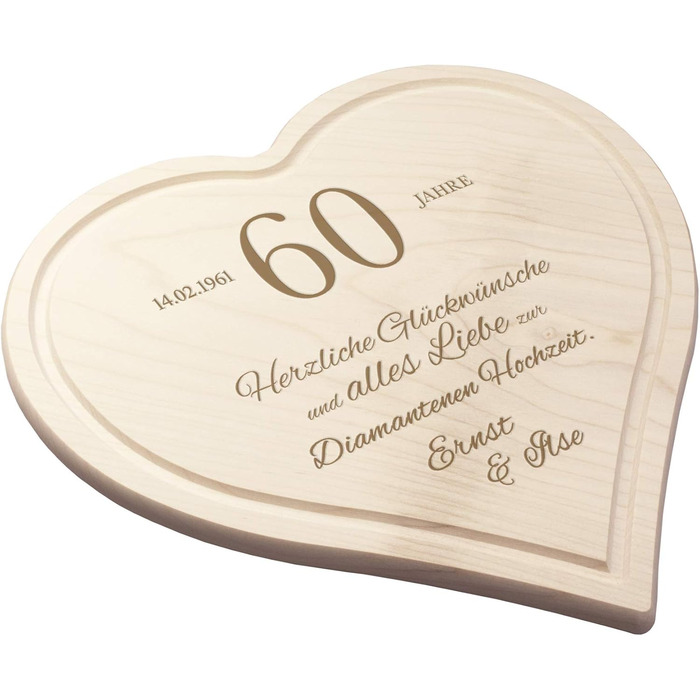 Casa Vivente Heart Cutting Board with Personalized Engraving and Juice Groove, Diamond Wedding Anniversary Wishes with Name and Date, 30 x 30 CM