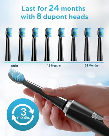 Електрична зубна щітка з 8 насадками для дорослих та дітей, 5 режимів, IPX7, чорна матова – до 120 днів роботи від заряду