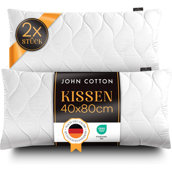 Подушка John Cotton 40x80 см 2 шт – готельна розкіш, ортопедична, для шиї, знімний чохол, 450 г наповнювача, антиалергенна, Oeko-TEX