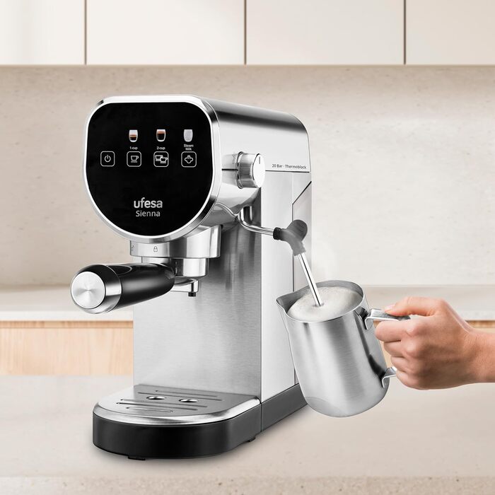 Ufesa Sienna Espresso Machine and Cappuccino Portafilter Machine with Milk Frother, 20 Bar Pressure, Digital Touch Panel, 1360W, for Ground Coffee or ESE Pads, 0.9L Water Tank, Silver