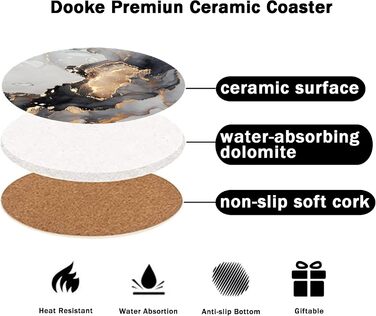 Dooke Coasters for Drinks, round, absorbent ceramic stone coasters with cork base, fun turquoise marble drink coasters (Gray Marble)