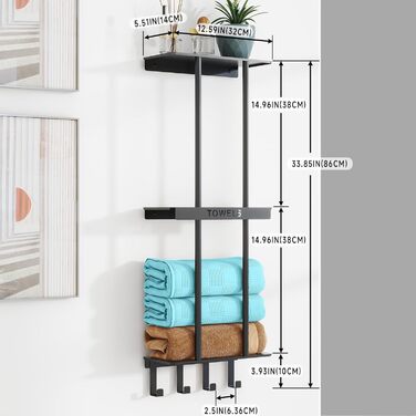 Чорний триярусний тримач для рушників з металевою полицею та 4 гачками, 86 см
