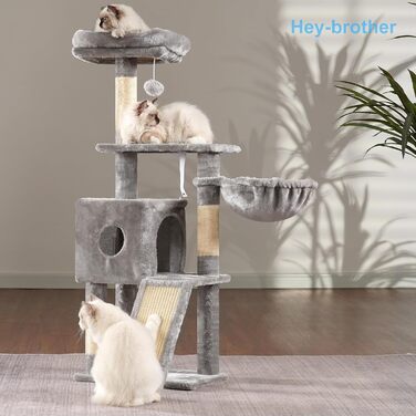 Котячий будиночок Hey-brother Kratzbaum 108 см, багатоярусний котячий комплекс з когтеточками, рампою, гніздечком та іграшками, сірий MPJ007SW