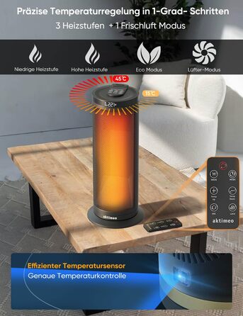 Електричний обігрівач з керамічним нагрівачем, 1500 Вт, з термостатом, захистом від перегріву, перекидання та для дітей, таймер 12 год, з пультом дистанційного керування (чорний, преміум)