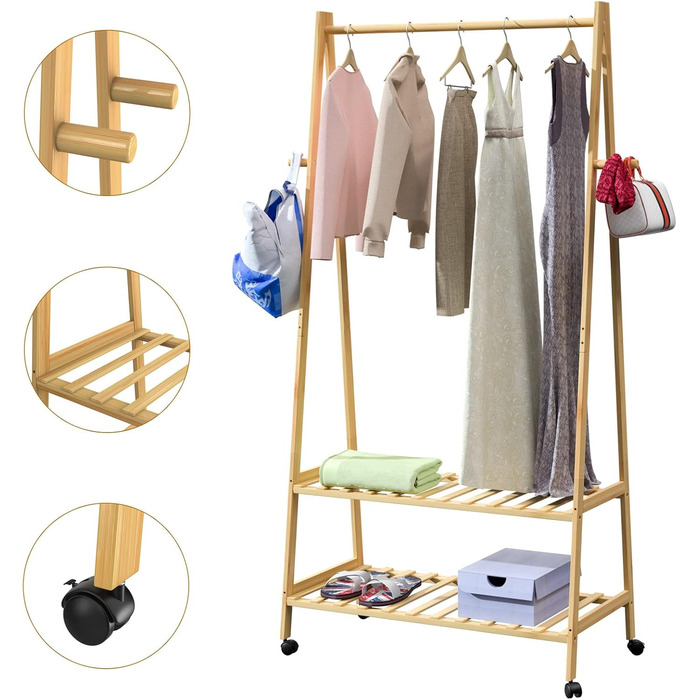 Casaria® Clothes Rack on Wheels Wood Stable Bamboo Clothes Rail Narrow with 4 Hooks 2 Shelves Open Coat Rack 155x70cm Entryway Coat Stand