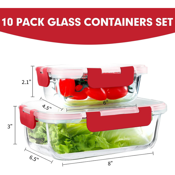 Набір скляних контейнерів Verones (10 шт.) з кришкою, герметичні, для зберігання їжі, морозильник, посудомийна машина