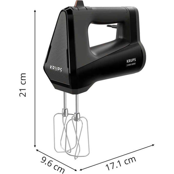Krups GN6028 3MIX 6000 Hand Mixer | 600 W | Precise Control | Soft-Touch Handle | Long Cord | Practical Speed Control | Includes Whisk and Dough Hook | Black