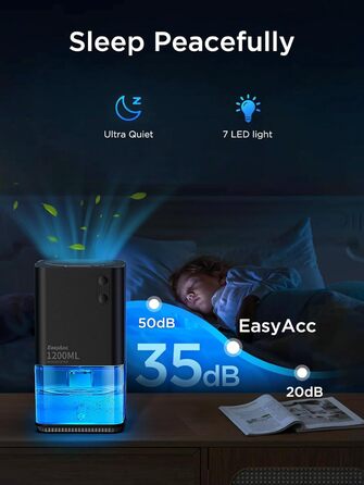 EasyAcc Електричний осушувач повітря 1200 мл, компактний, тихий, портативний, з автовимкненням та режимом сну. Ідеально для дому та офісу (чорний)