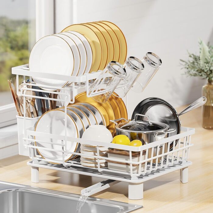 LIONONLY Dish Drying Rack, Small 2-Tier Dish Rack with Drip Tray, Stainless Steel Dish Drying Rack with Utensil Holder, Drink Holder and Swivel Spout, Dish Drying Stand Kitchen