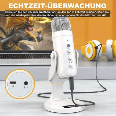 Zealsound USB мікрофон K66 Pearly White: для стрімінгу, геймінгу, YouTube, ASMR, вокалу. З шумозаглушенням, Mute, регулюванням Gain. Сумісний з PC, Mac, iPhone, Android, PS4/PS5