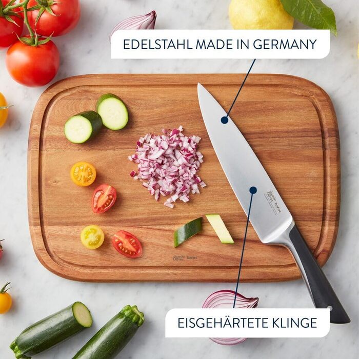 Набір кухонних ножів Jamie Oliver by Tefal (6 предметів): шеф-ніж, ніж Сантоку, ніж для хліба, універсальний ніж, ніж для овочів, блок з акації, сталь, коричневий K267S556