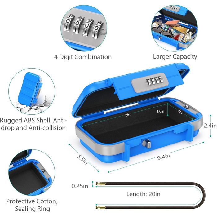 Сейф портативний з кодовим замком ORIA, водонепроникний, для відпочинку та офісу (Блакитний)